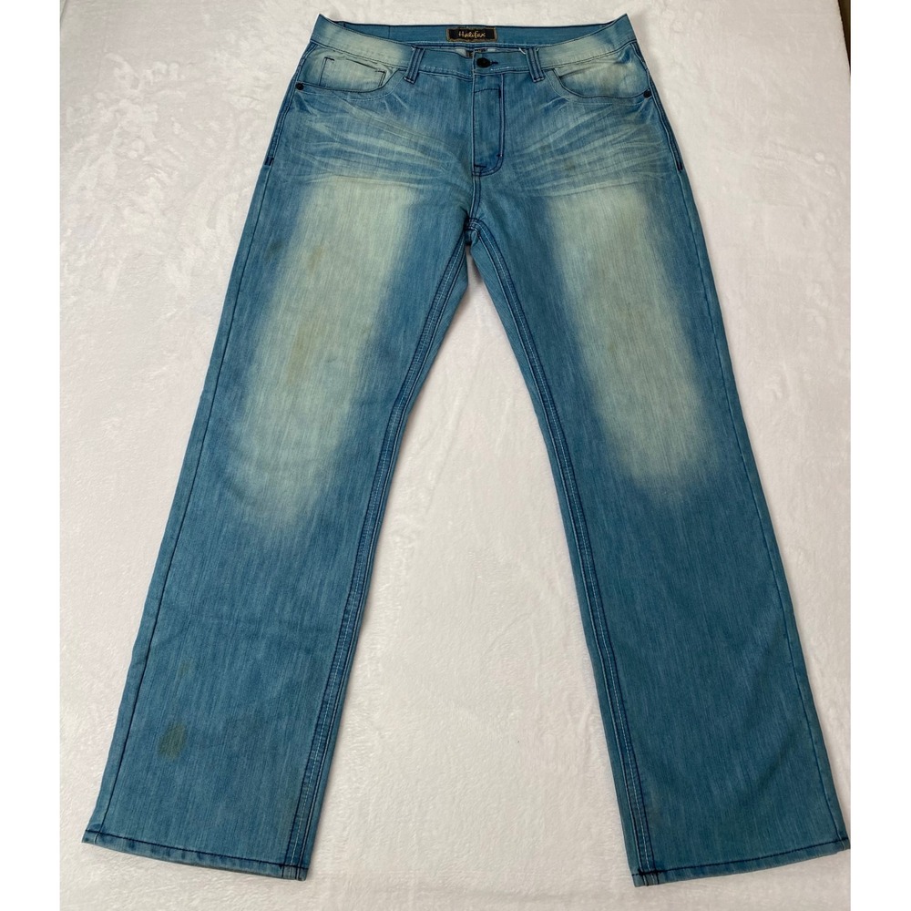 Halifax Mens Straight Leg Jeans Light Blue Denim 38W 34L‎ Embroidered Pockets